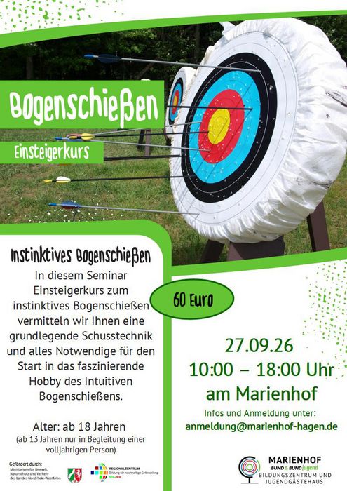 Ankündigung Bogenschießen. Bildmitte Zielscheibe