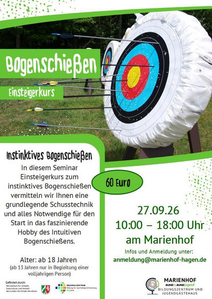 Ankündigung Bogenschießen. Bildmitte Zielscheibe